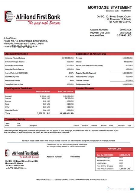 Download Liberia Afriland First Bank Liberia mortgage statement Word and PDF template Photoshop template